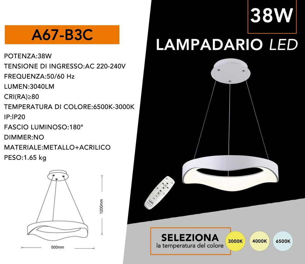 Lampadario LED a Onda Bianco – Montaggio a Sospensione 38W, CCT 3in1 (3000K/4000K/6500K)