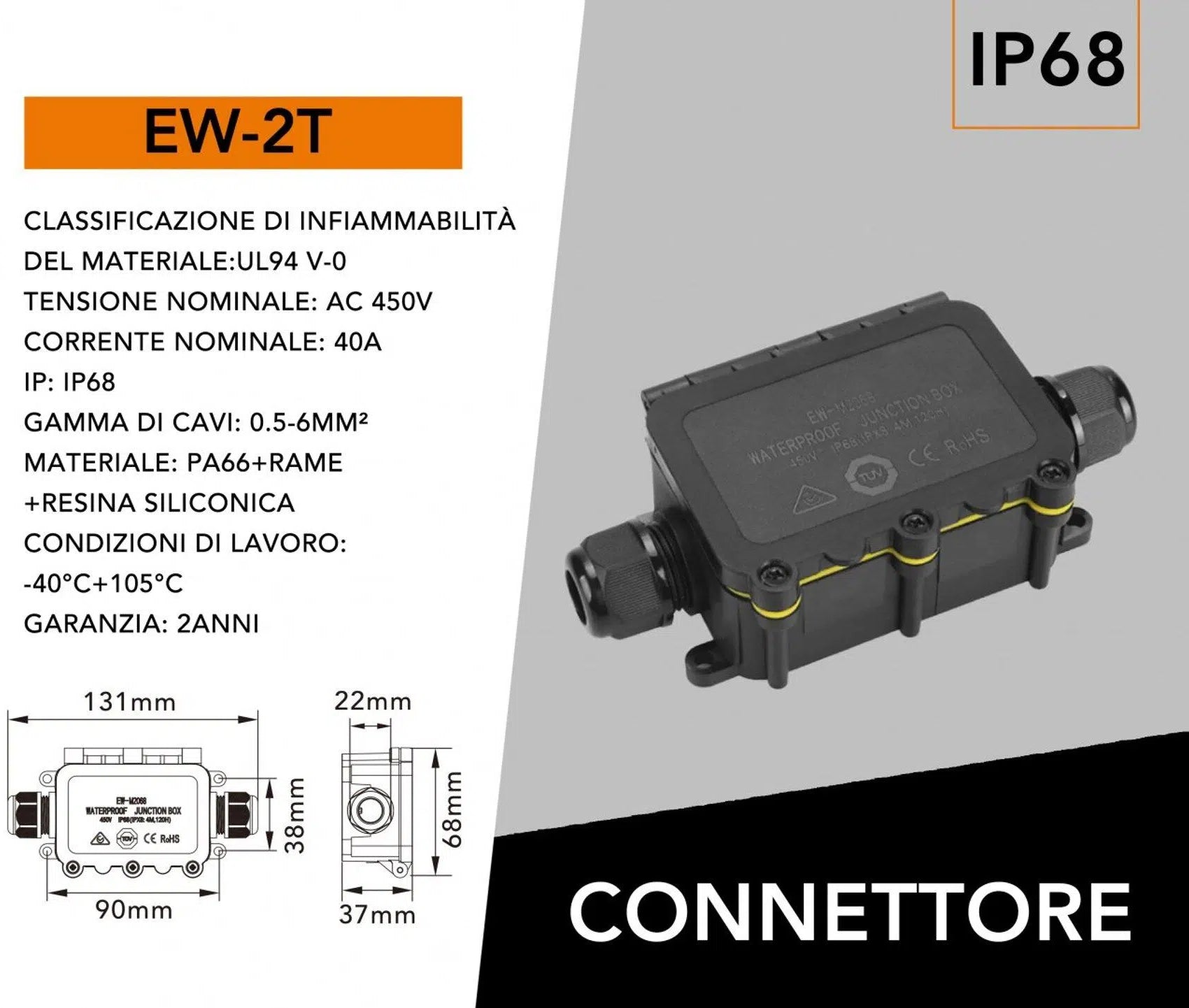 UNIVERSO EW-2T Scatola di derivazione stagna impermeabile IP68 con 2 terminali