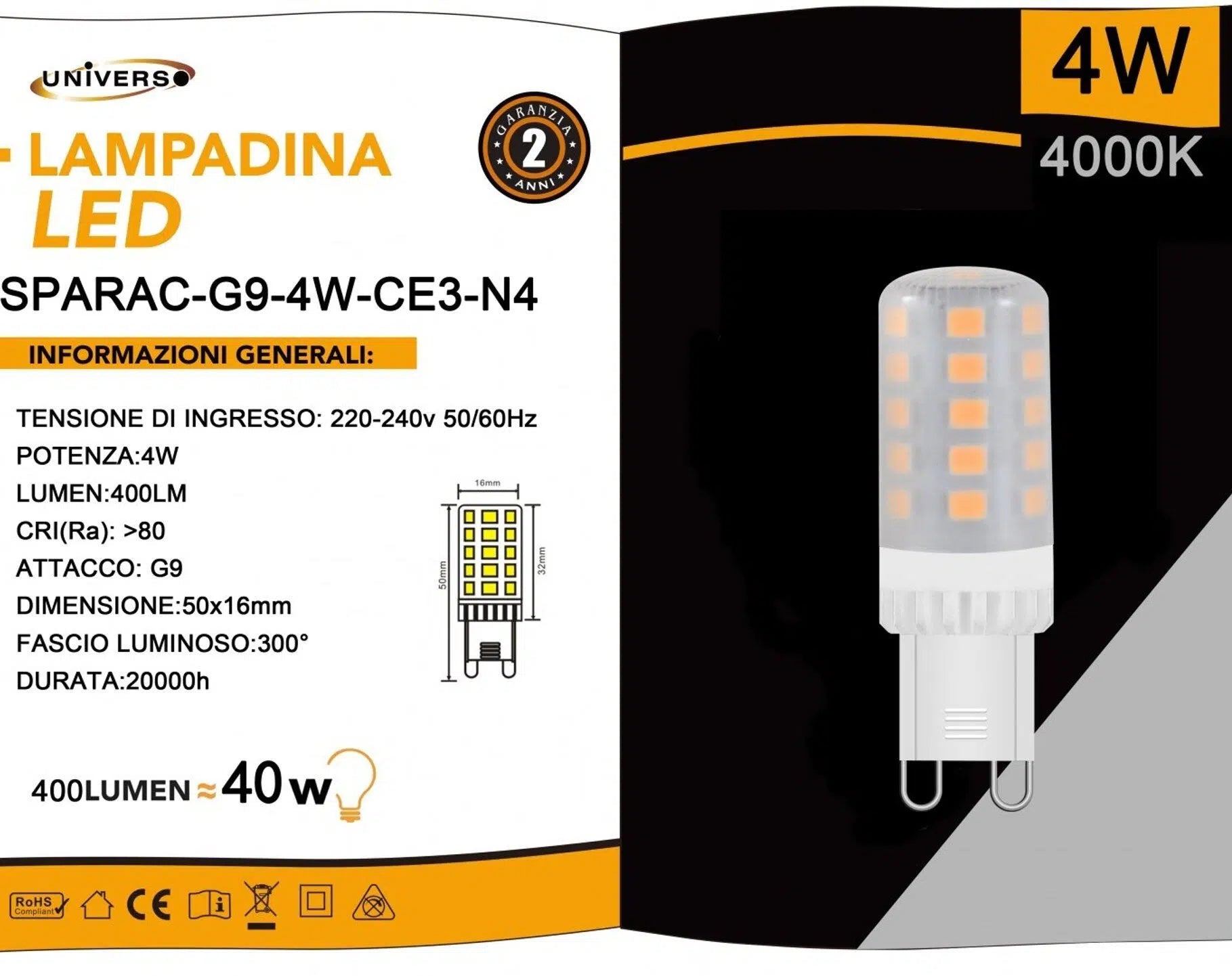 Confezione da 10 Pezzi Universo SPARAC-G9-4W-CE3-N – Lampadina LED G9, 4W Tubolare SMD, 400 Lumen, CCT 3000K/4000K/6500K