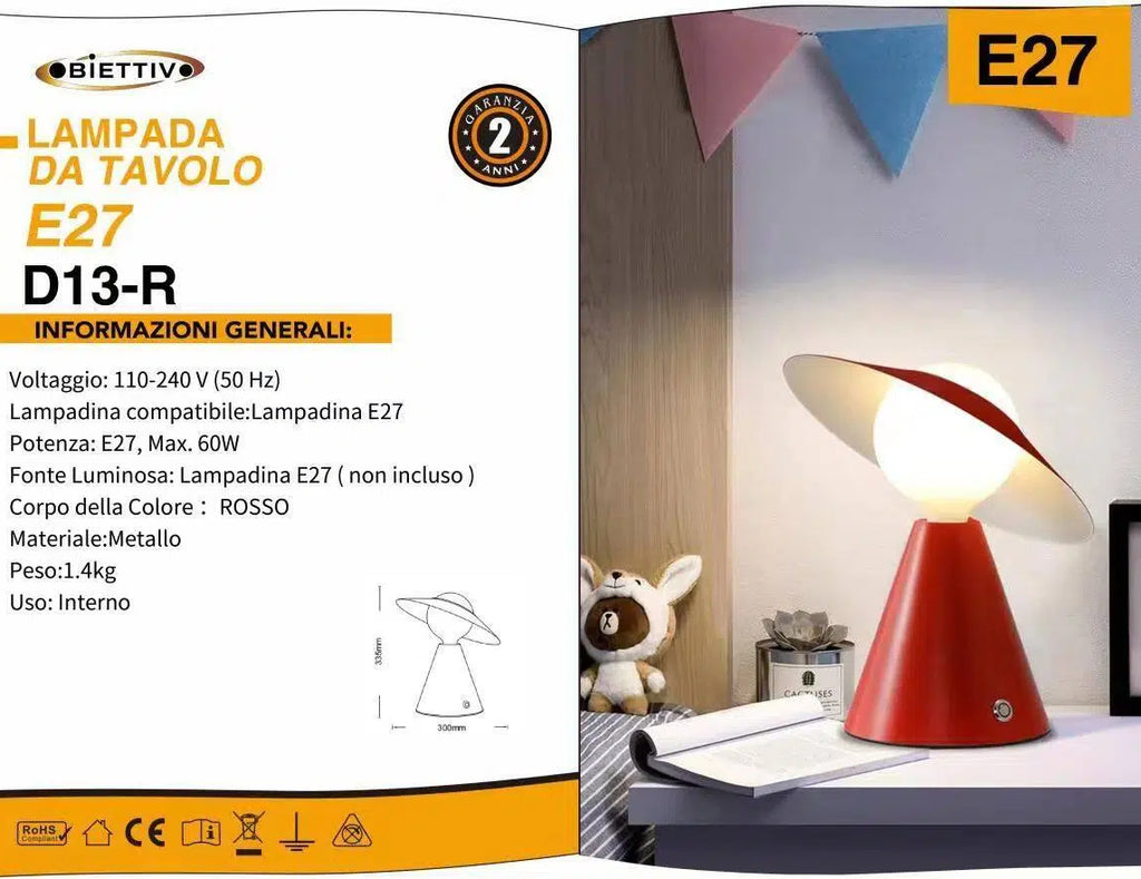 Lampada da Tavolo Moderna con Portalampada E27 – Colori Giallo, Bianco, Nero, Rosso