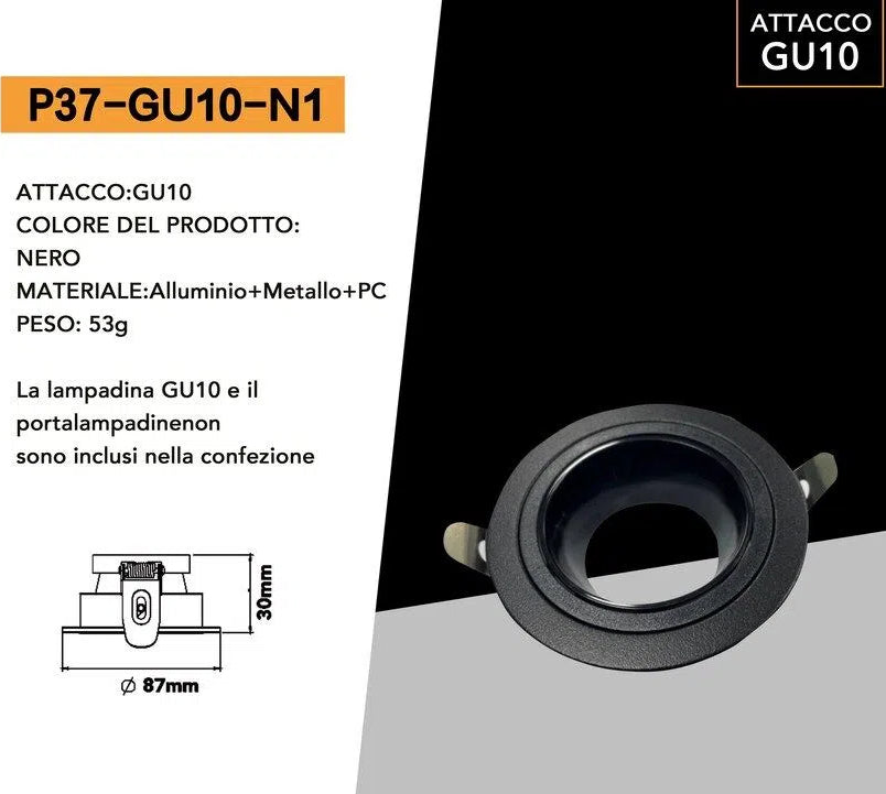 Portafaretto Circolare Orientabile da Incasso UNIVERSO P37-GU10-N1 | Metallo Nero per GU10/GU5.3