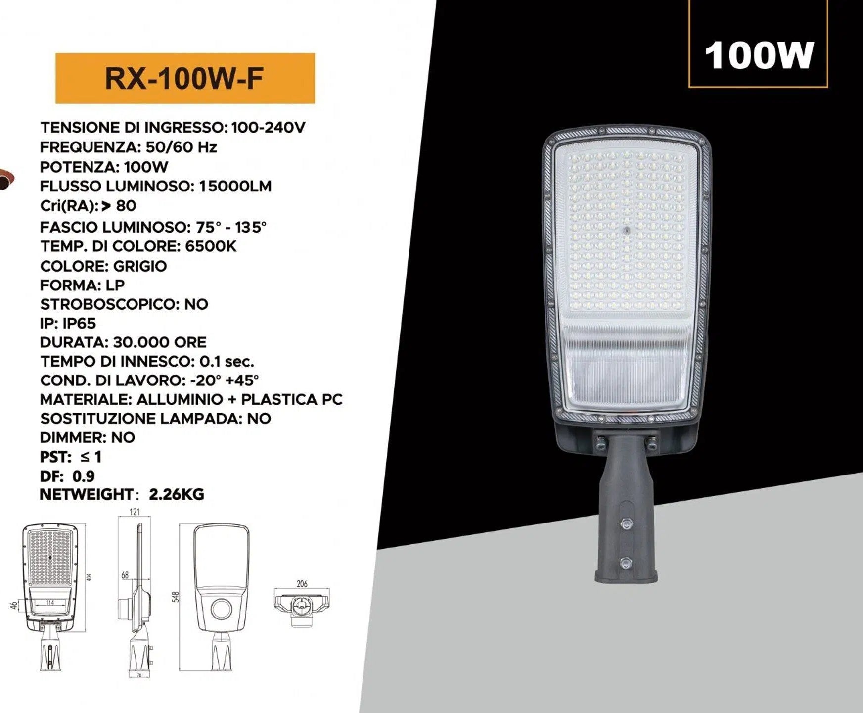 Lampione Armatura Stradale LED 100W SMD con Sensore Crepuscolare – Luce Bianca Fredda 6500K, IP65