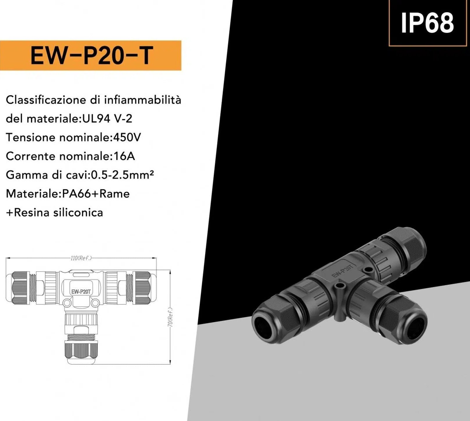 Giunzione Stagna Impermeabile a T UNIVERSO EW-P20-T | IP68 con 3 Terminali