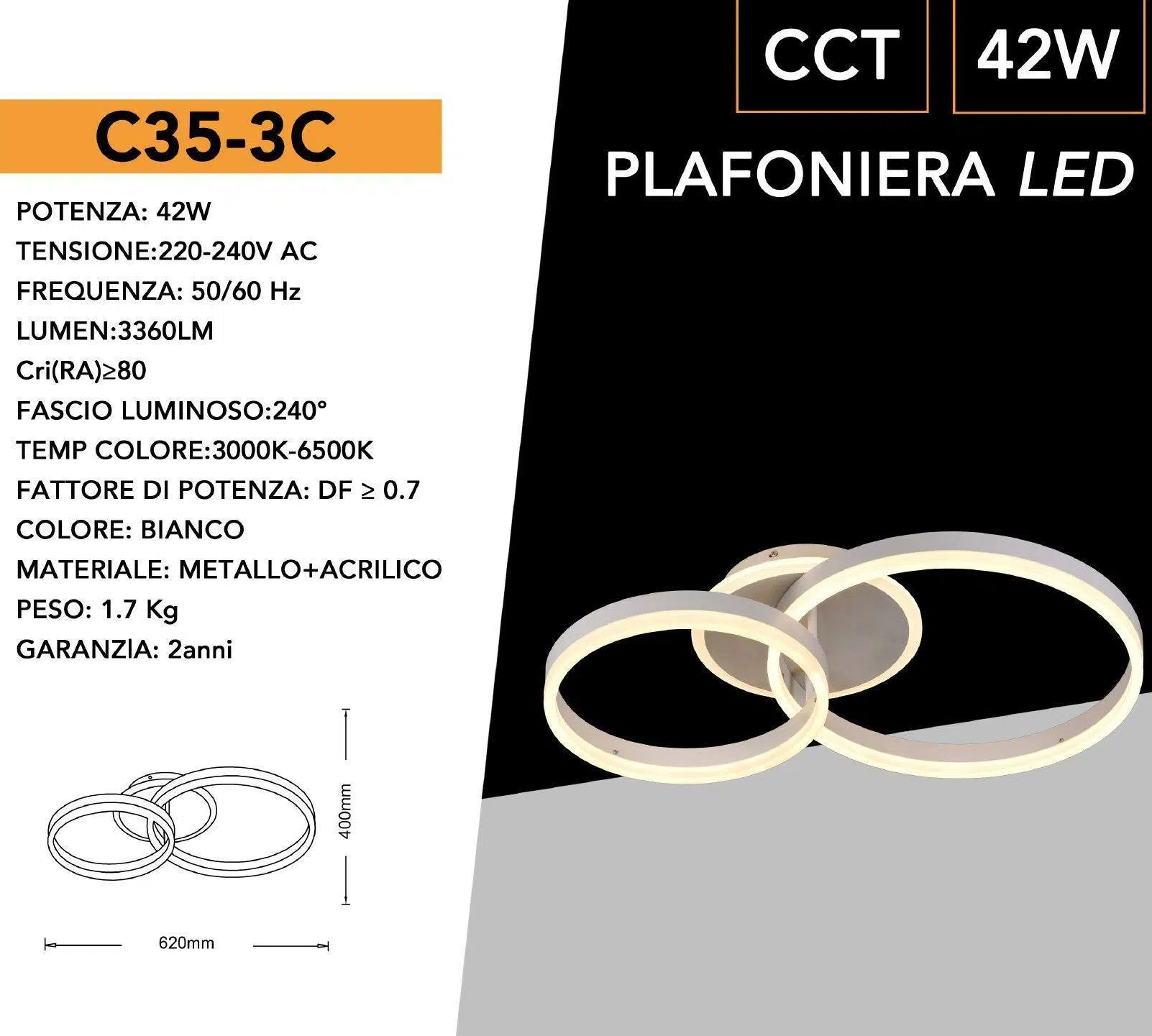 Lampadario LED SMD a Soffitto Design Anelli UNIVERSO C35 42W | CCT Selezionabile 3000K-4000K-6500K