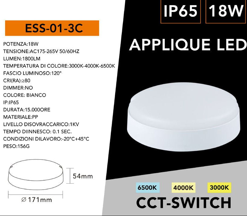 Plafoniera SMD LED Circolare Esterno UNIVERSO ESS-01-3C 18W | Switch CCT 3000K-4000K-6500K IP65