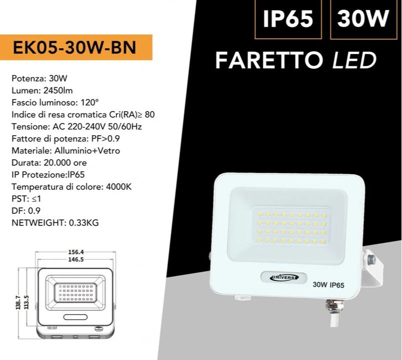 Proiettore SMD LED Slim UNIVERSO EK05-30W-B 30W | CCT Selezionabile 3000K-4000K-6500K IP65 Bianco