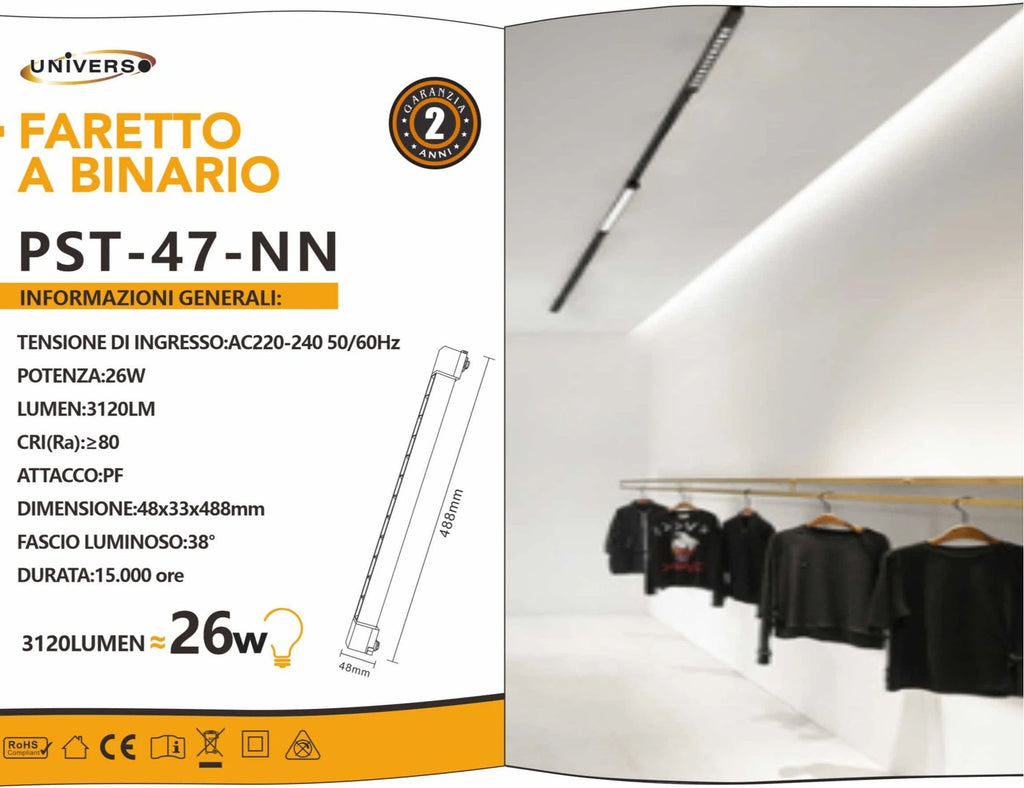 Track Light Faretto Lineare LED SMD Universo PST-47-N – 26W, 38°, per Binario Elettrificato Monofase, Colore Nero