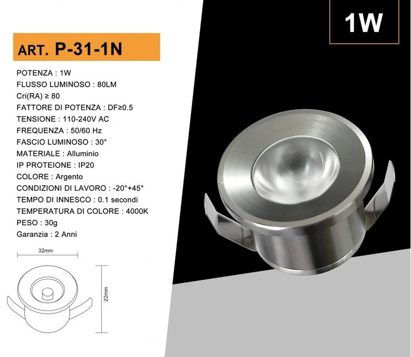 Faretto LED Rotondo da Incasso Acciaio Satinato 1W UNIVERSO P-31-1 | CCT Selezionabile 3000K-4000K-6500K + RGB