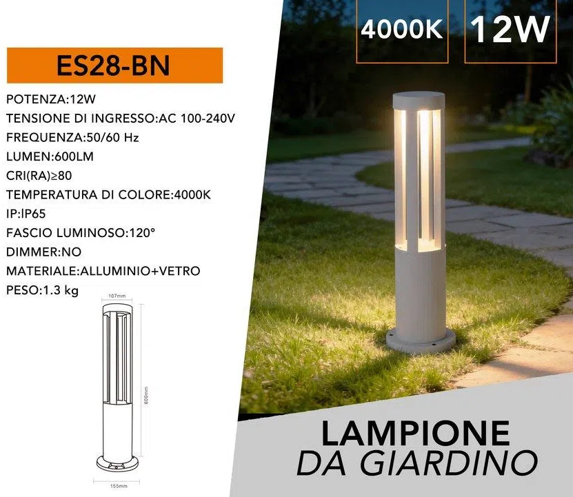 Lampada LED da Giardino con Fissaggio a Terra – 12W, Colore Bianco, 600 Lumen, IP65, Altezza 60 cm