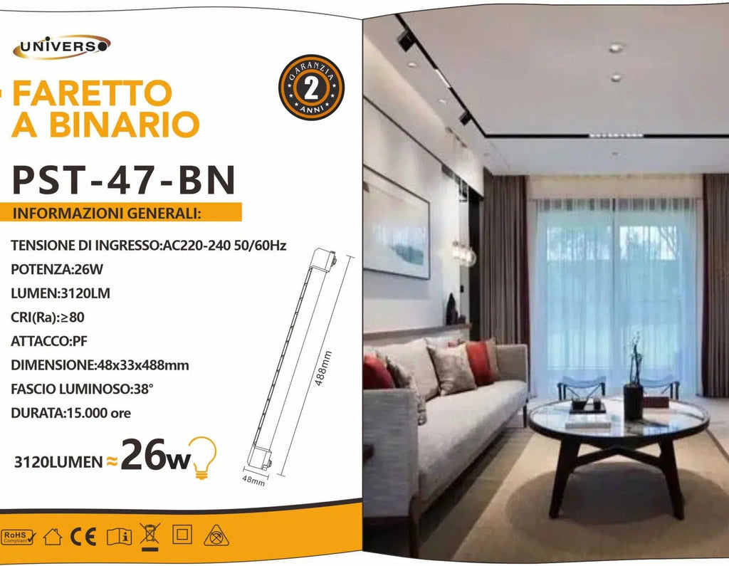 Track Light Faretto Lineare LED SMD Universo PST-47-N – 26W, 38°, per Binario Elettrificato Monofase, Colore Bianco