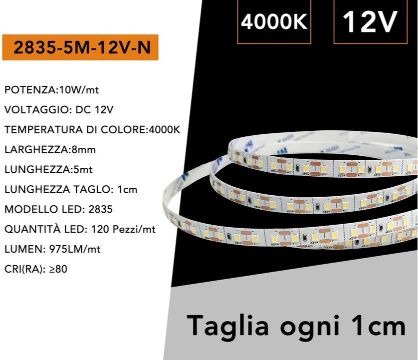 Striscia LED Flessibile Monocolore UNIVERSO | DC 12V 50W SMD 2835 120 LED/m Bobina 5m Taglio 1cm