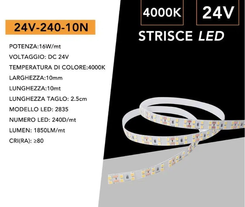 Striscia LED Flessibile Monocolore UNIVERSO | DC 24V 160W SMD 2835 240 LED/m Bobina 10m Taglio 2.5cm