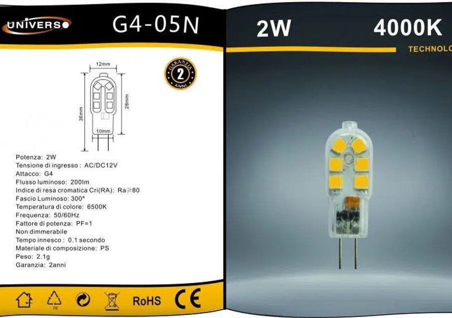 Confezione da 5 Pezzi Universo G4-05 – Lampadina LED G4 2W, Bulb Chip SMD, 300°, 200 Lumen, AC/DC 12V