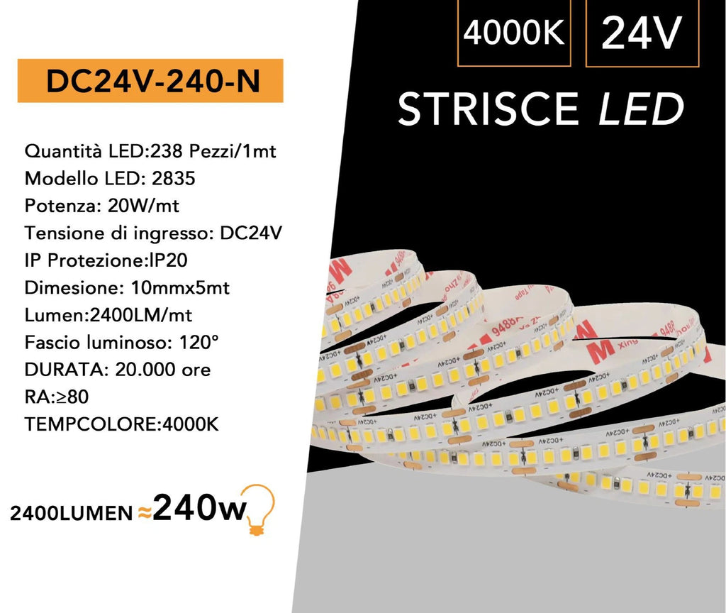 Striscia LED Monocolore 5m DC24V SMD 2835 238 LED/m IP20 90W 9900 Lumen