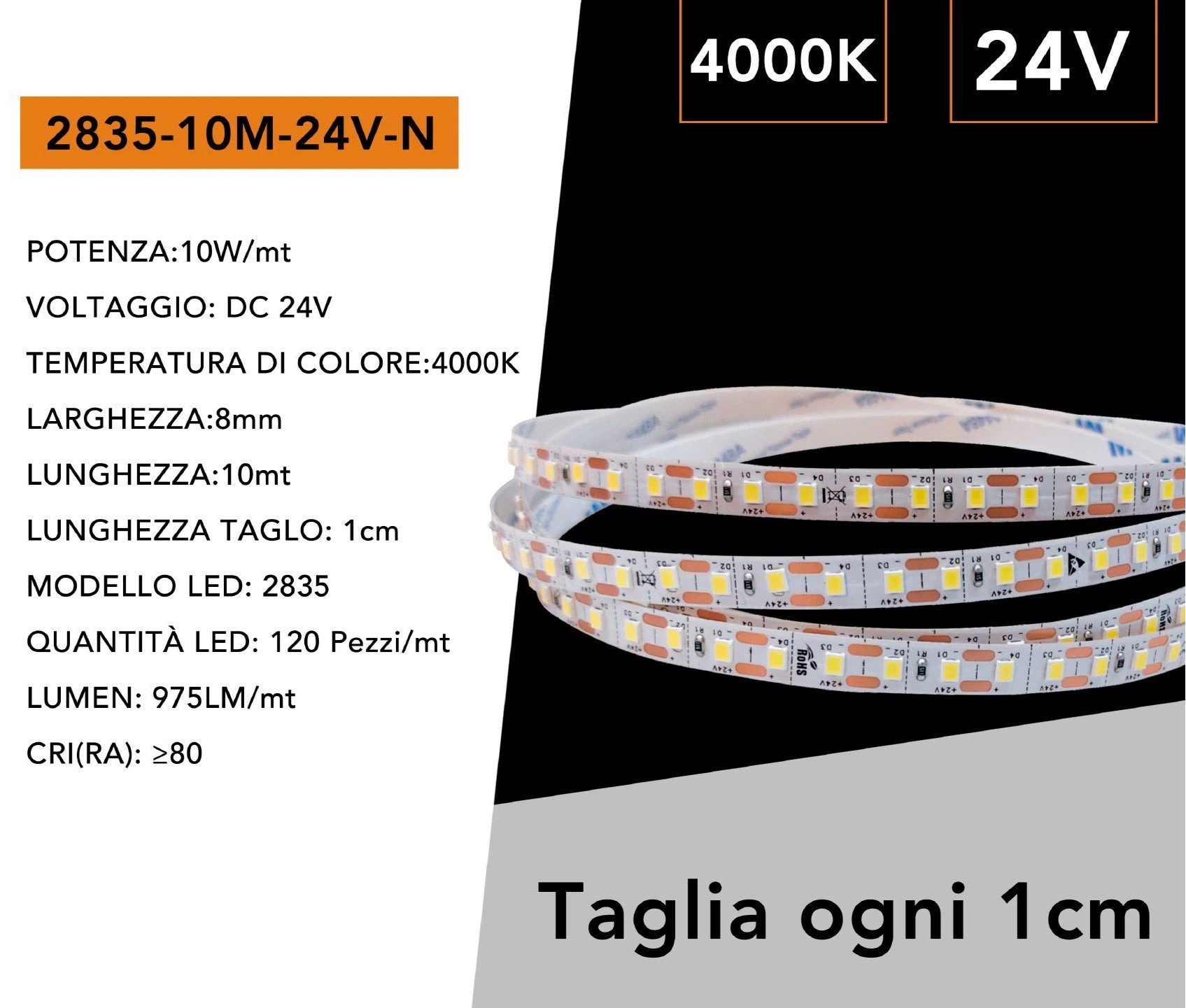 Striscia LED Flessibile Monocolore UNIVERSO | DC 24V 100W SMD 2835 120 LED/m Bobina 10m Taglio 1cm