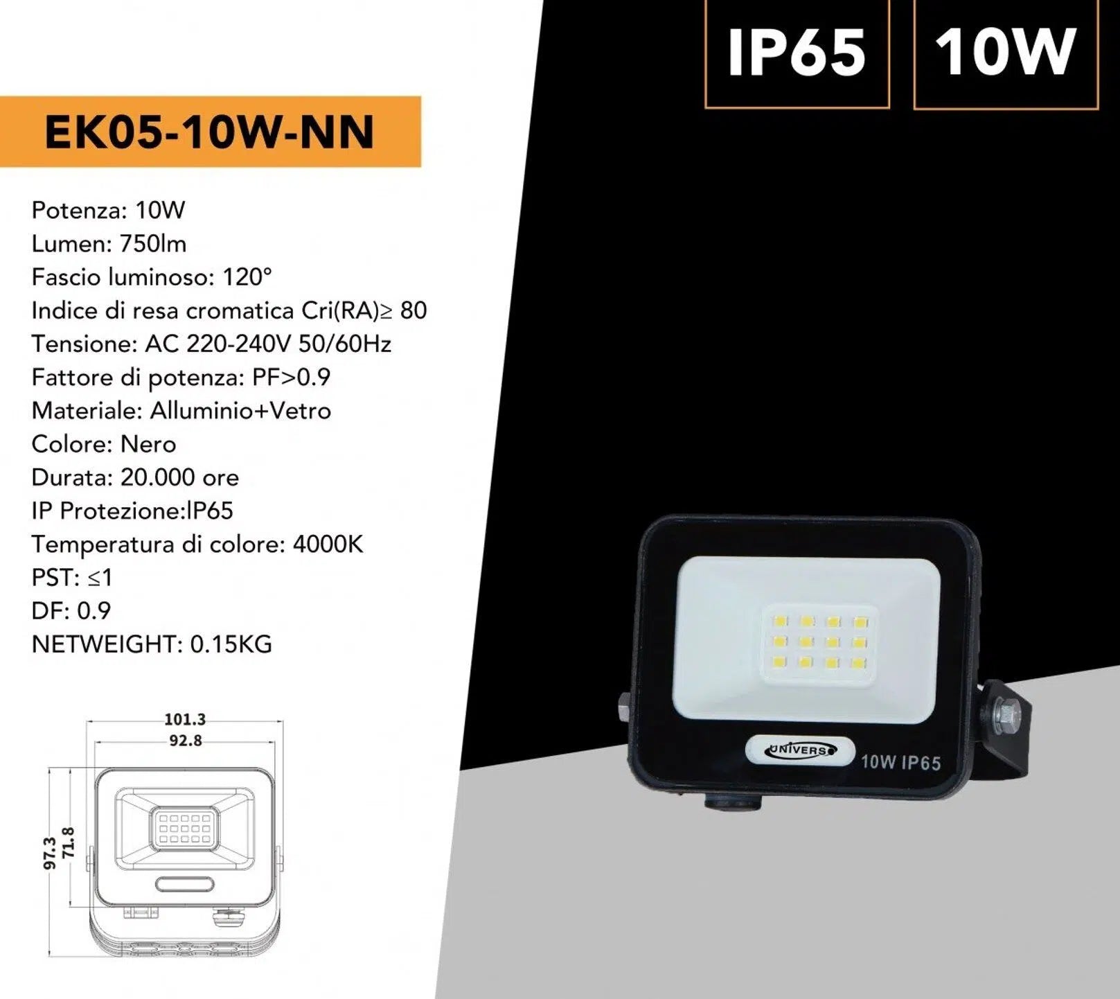Proiettore SMD LED Slim UNIVERSO EK05-10W-N 10W | CCT Selezionabile 3000K-4000K-6500K IP65 Nero