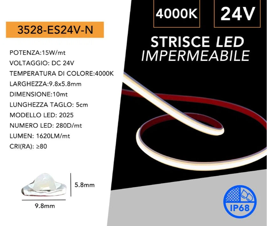 Striscia LED SMD Monocolore Subacquea UNIVERSO 3528-ES24V | 280 LED/m DC 24V IP68 10m