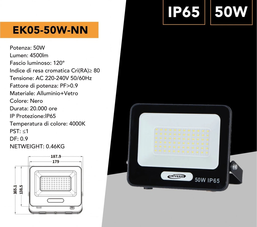 Proiettore SMD LED Slim UNIVERSO EK05-50W-N 50W | CCT Selezionabile 3000K-4000K-6500K IP65 Nero