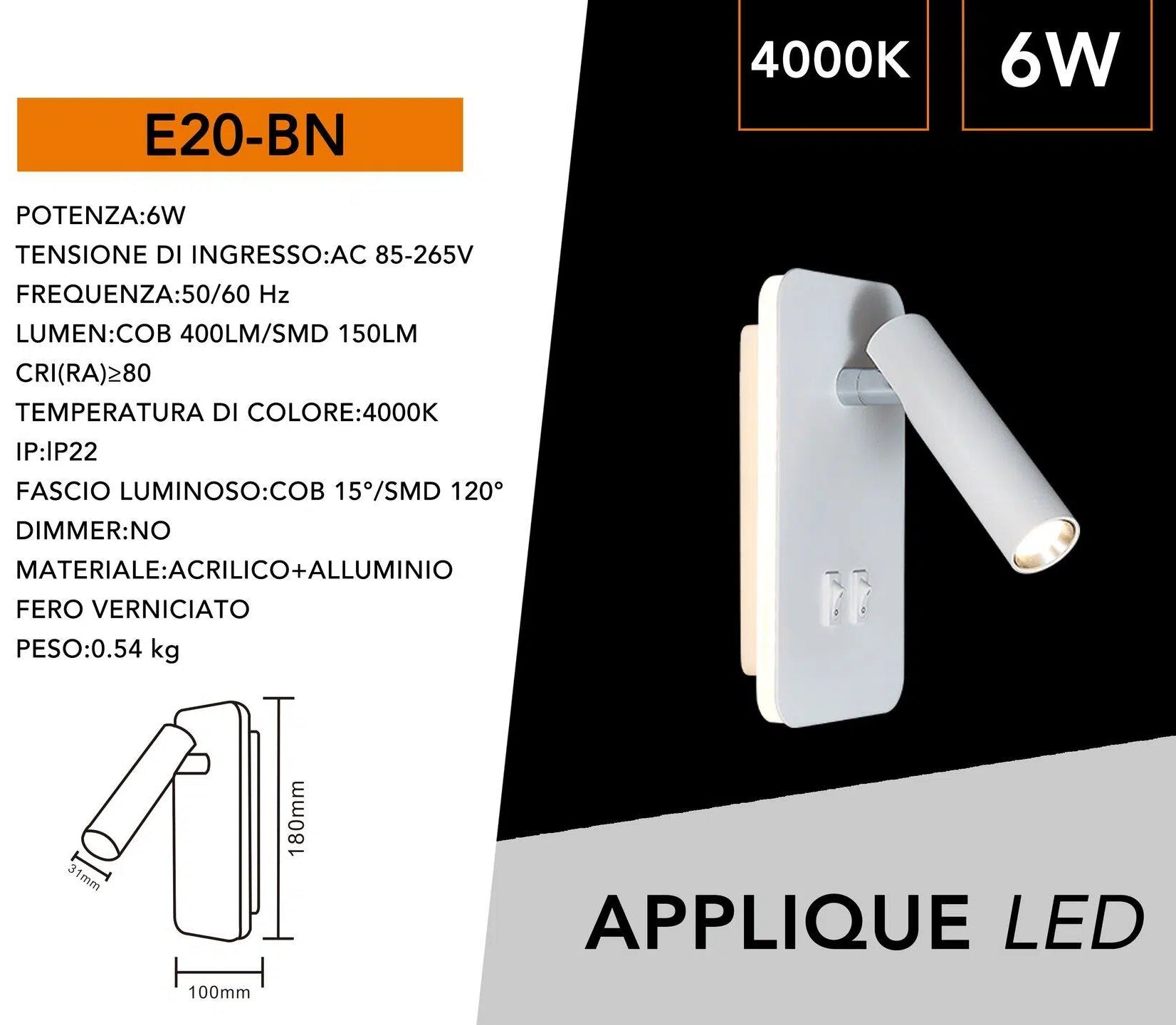 Lampada LED da Parete Universo E20-B – Doppia Sorgente 6W, Applique Orientabile, Colore Bianco, CCT 3000K/4000K/6500K
