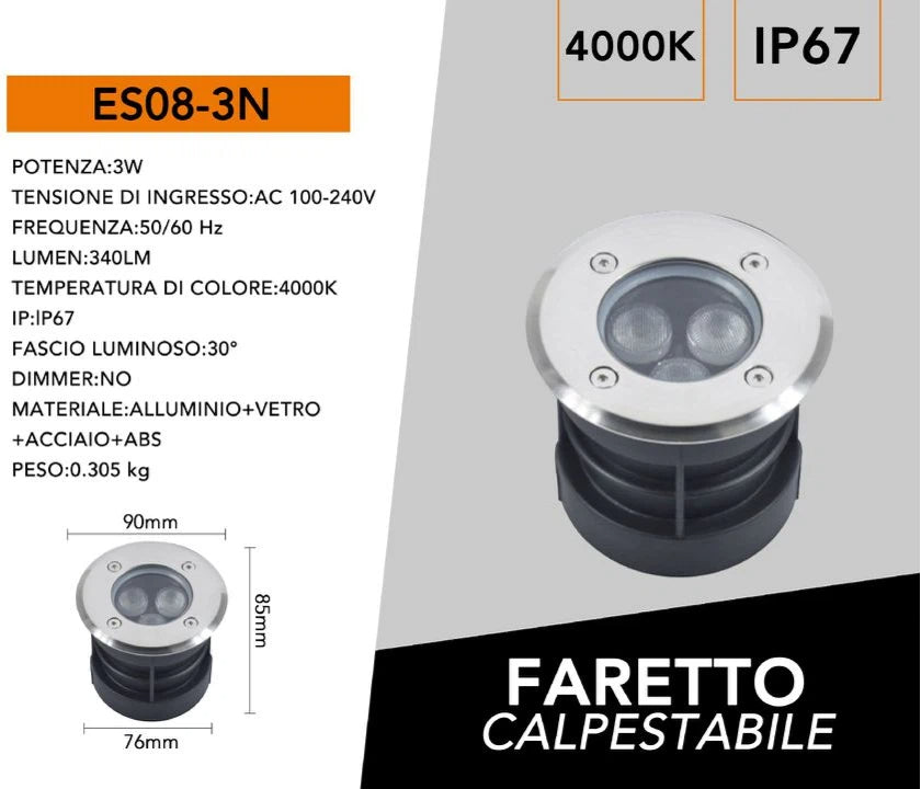 Faretto Segnapasso Calpestabile LED da Interramento 3W SMD Power LED IP67