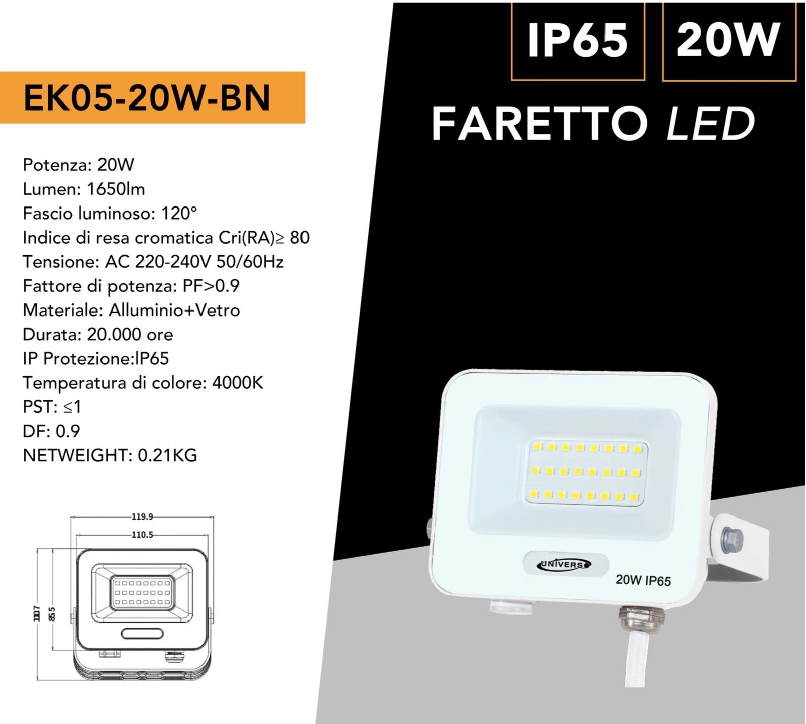 Proiettore SMD LED Slim UNIVERSO EK05-20W-B 20W | CCT Selezionabile 3000K-4000K-6500K IP65 Bianco