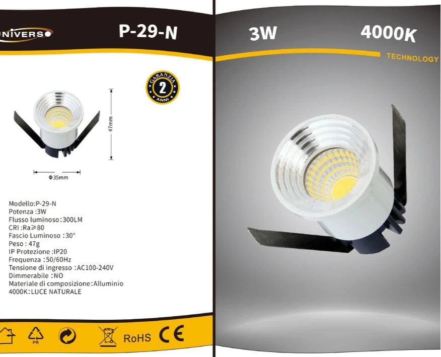 Faretto LED Rotondo da Incasso 3W | CCT Selezionabile 3000K-4000K-6500K Bianco/Argento IP20