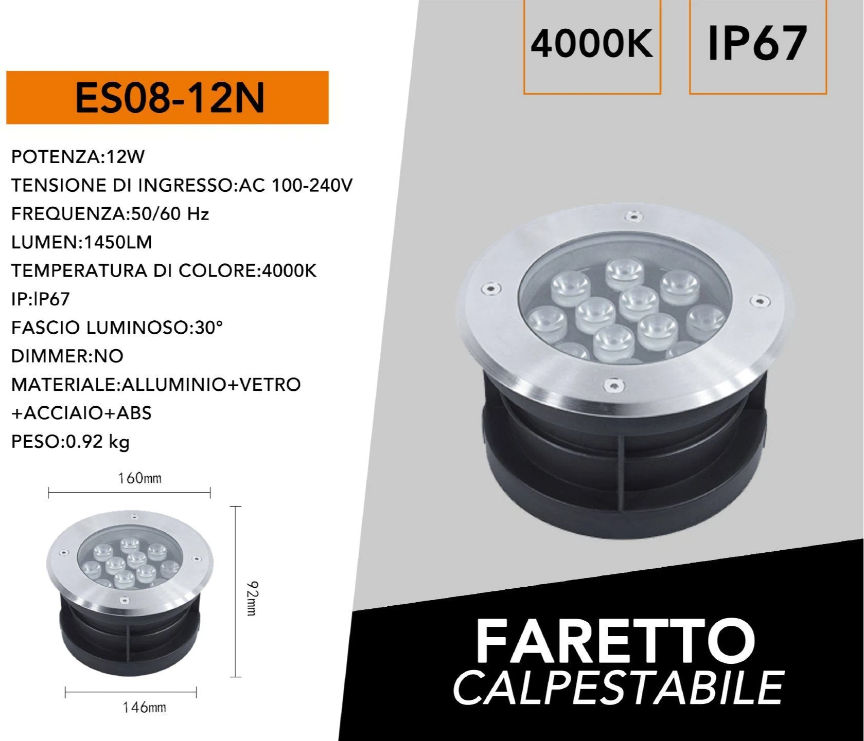 Faretto Segnapasso Calpestabile LED da Interramento 12W SMD Power LED da Esterno IP67