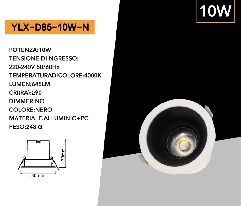 Faretto COB LED da Incasso Rotondo Orientabile Universo YLX-D85-10W – 10W, CRI≥90, Compatibile con Portafaretti