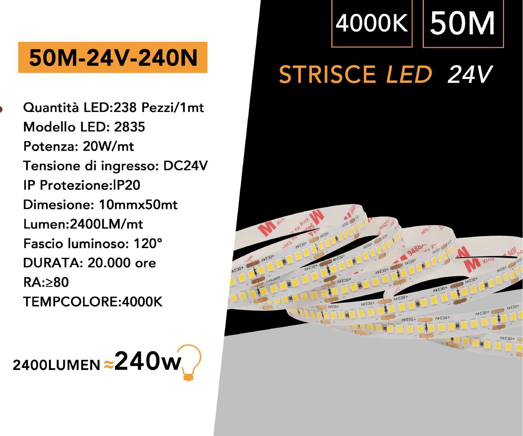 STRISCIA LED SMD 2835 24V Monocolore – Bobina 50 Metri 20W/m, 240 LED/m, 120.000 Lumen Totali, IP20