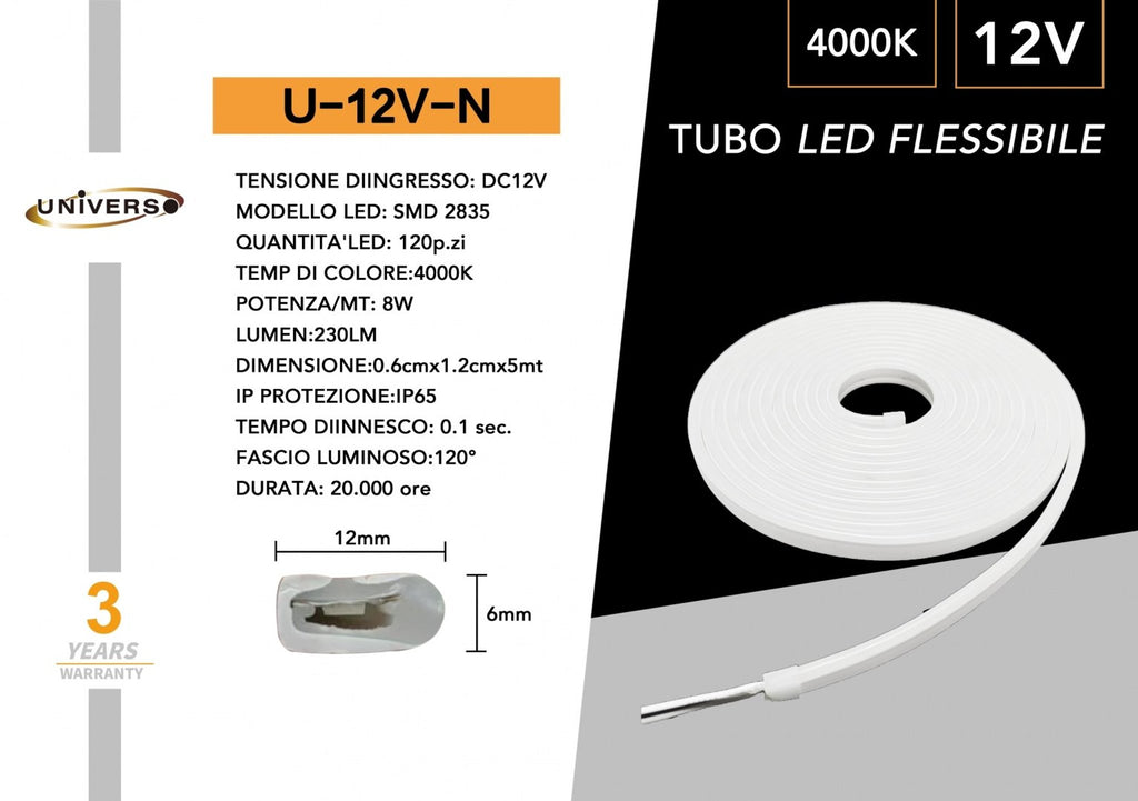 Striscia Strip LED Neon Flex 5 Metri DC 12V Impermeabile da Esterno IP65 Modellabile