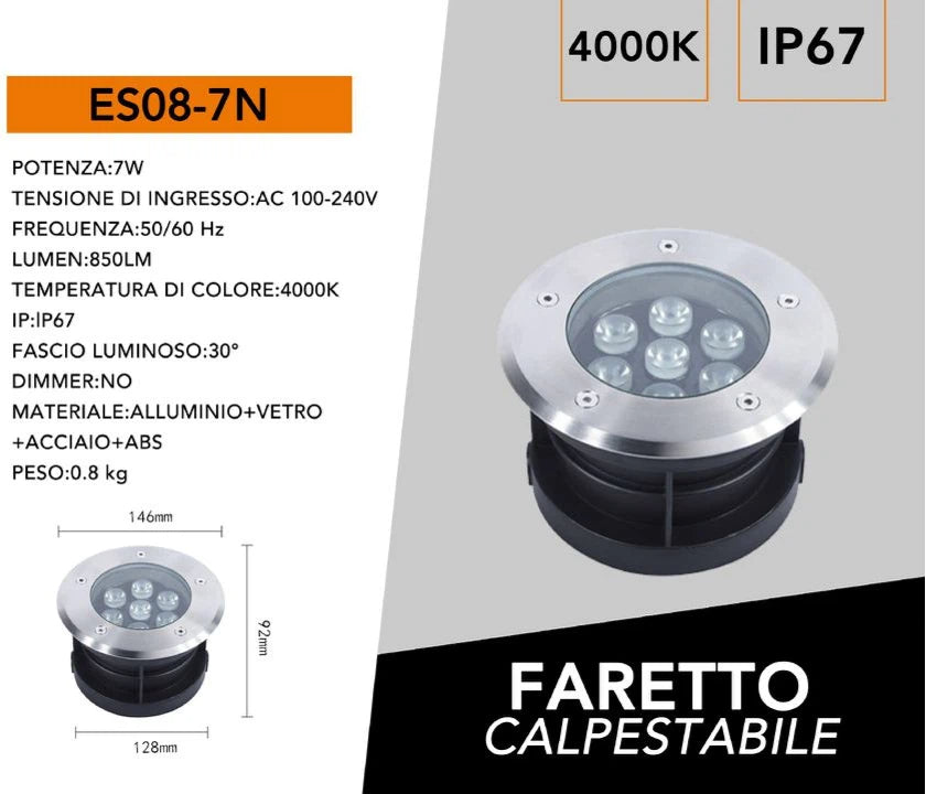 Faretto Segnapasso Calpestabile a LED da Interramento 7W SMD Power LED IP67