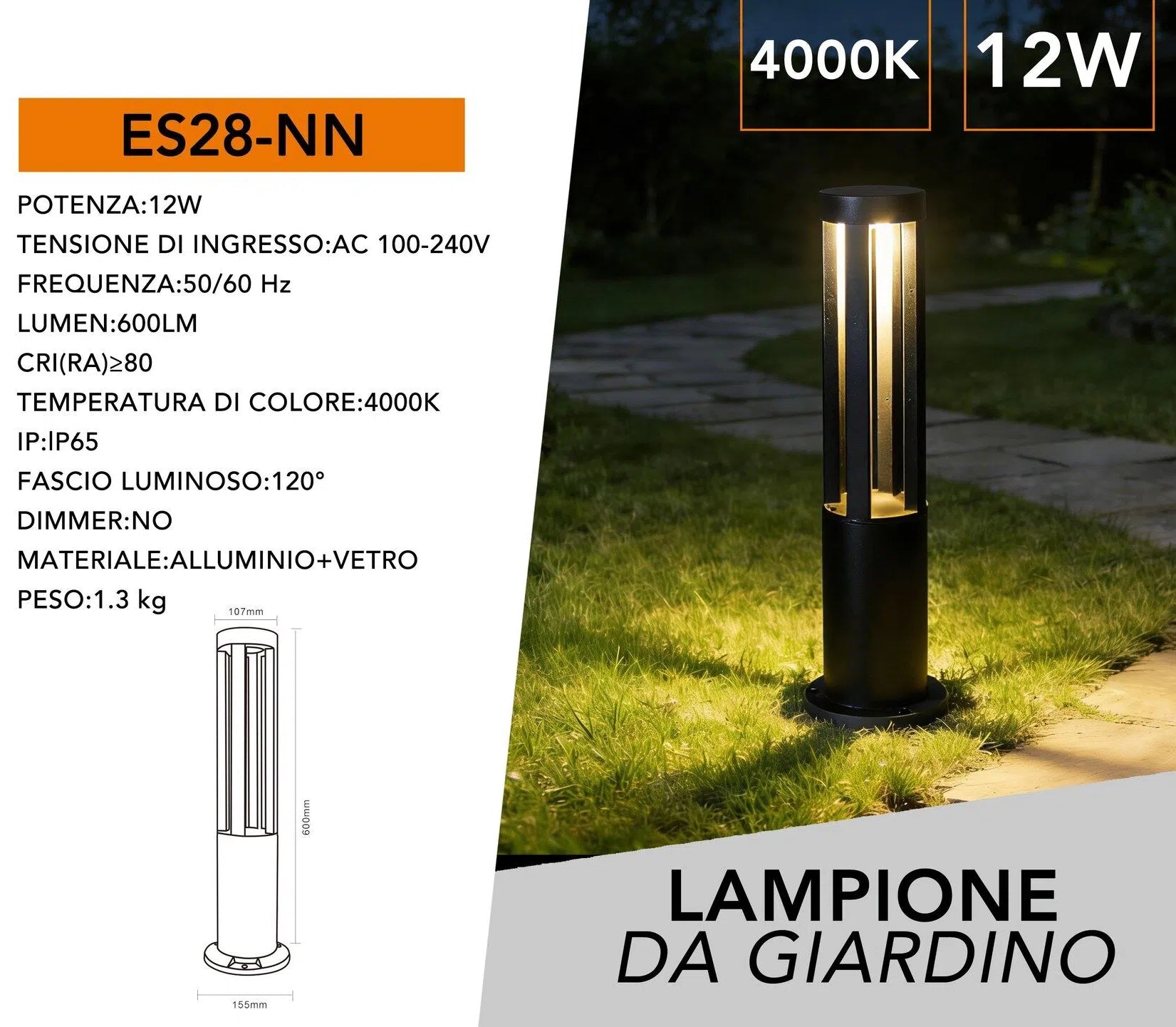 Lampada LED da Giardino con Fissaggio a Terra – 12W, Colore Nero, 600 Lumen, IP65, Altezza 60 cm