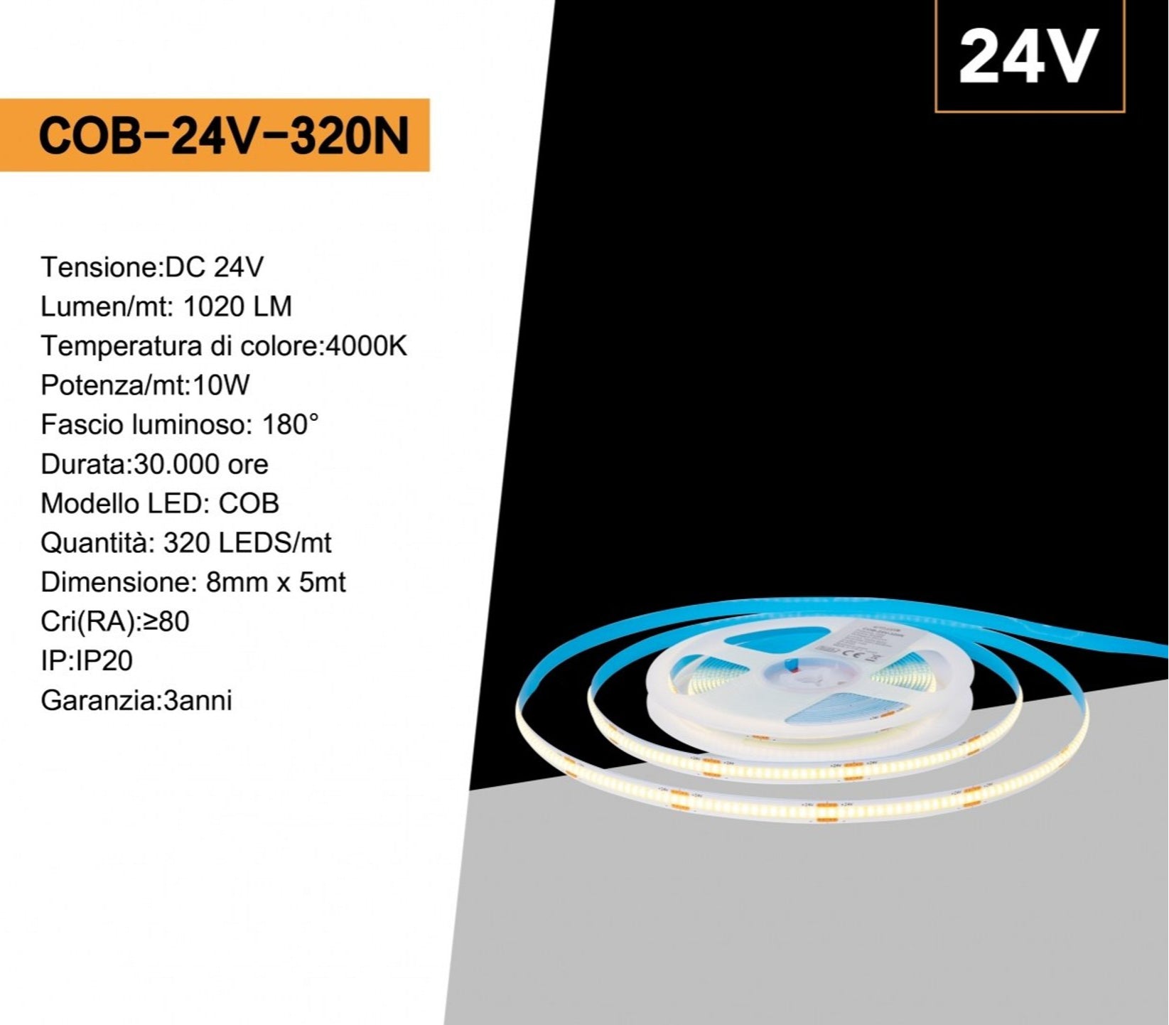 Striscia LED COB Flessibile UNIVERSO 5m | 50W Monocolore DC 24V 3000K-4000K-6500K + Blu/Rosso/Verde
