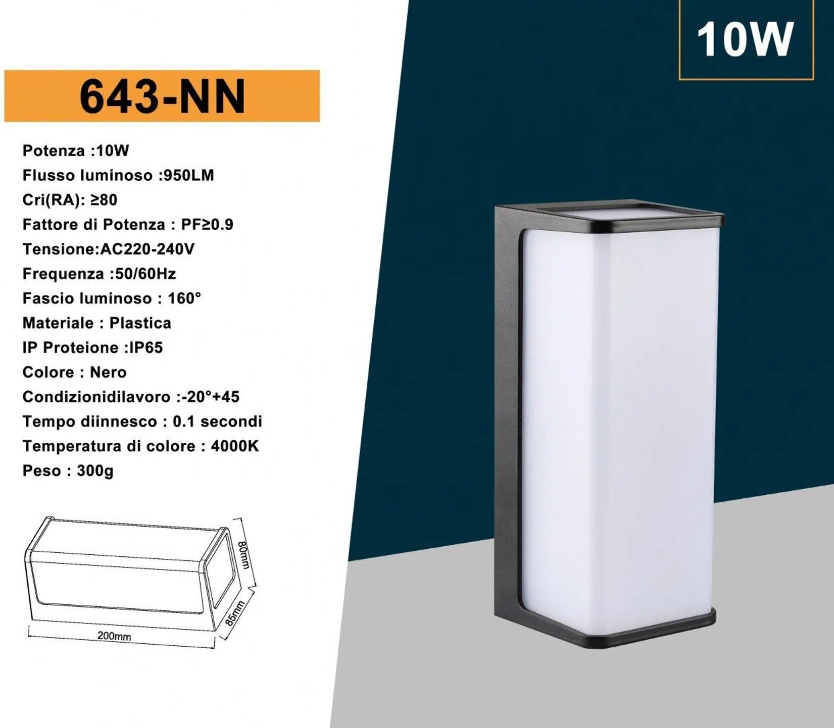 Lampada LED da Muro 10W Wall Light SMD – Applique Nera, 950 Lumen, IP65 per Esterno