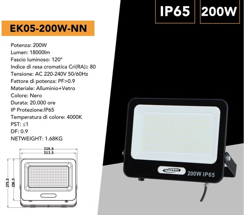 Proiettore SMD LED Slim UNIVERSO EK05-200W-N 200W | CCT Selezionabile 3000K-4000K-6500K IP65 Nero