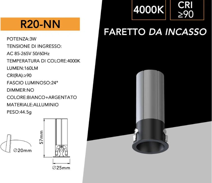 Faretto LED Rotondo da Incasso UNIVERSO R20-N 3W | CCT Selezionabile 3000K-4000K-6500K Nero/Argento IP20