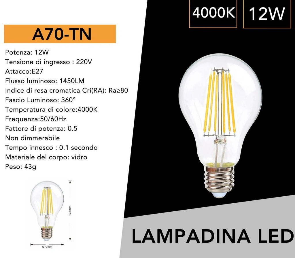 Lampadina LED E27 Universo – 12W Bulb A70 a Filamento, 360°, 1500 Lumen, CCT 3000K/4000K/6500K