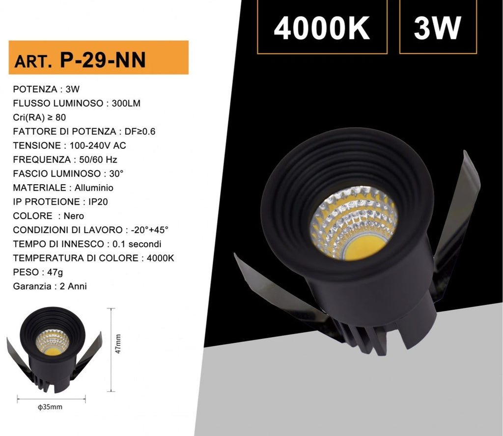 Faretto LED Rotondo da Incasso Nero 3W | CCT Selezionabile 3000K-4000K-6500K IP20