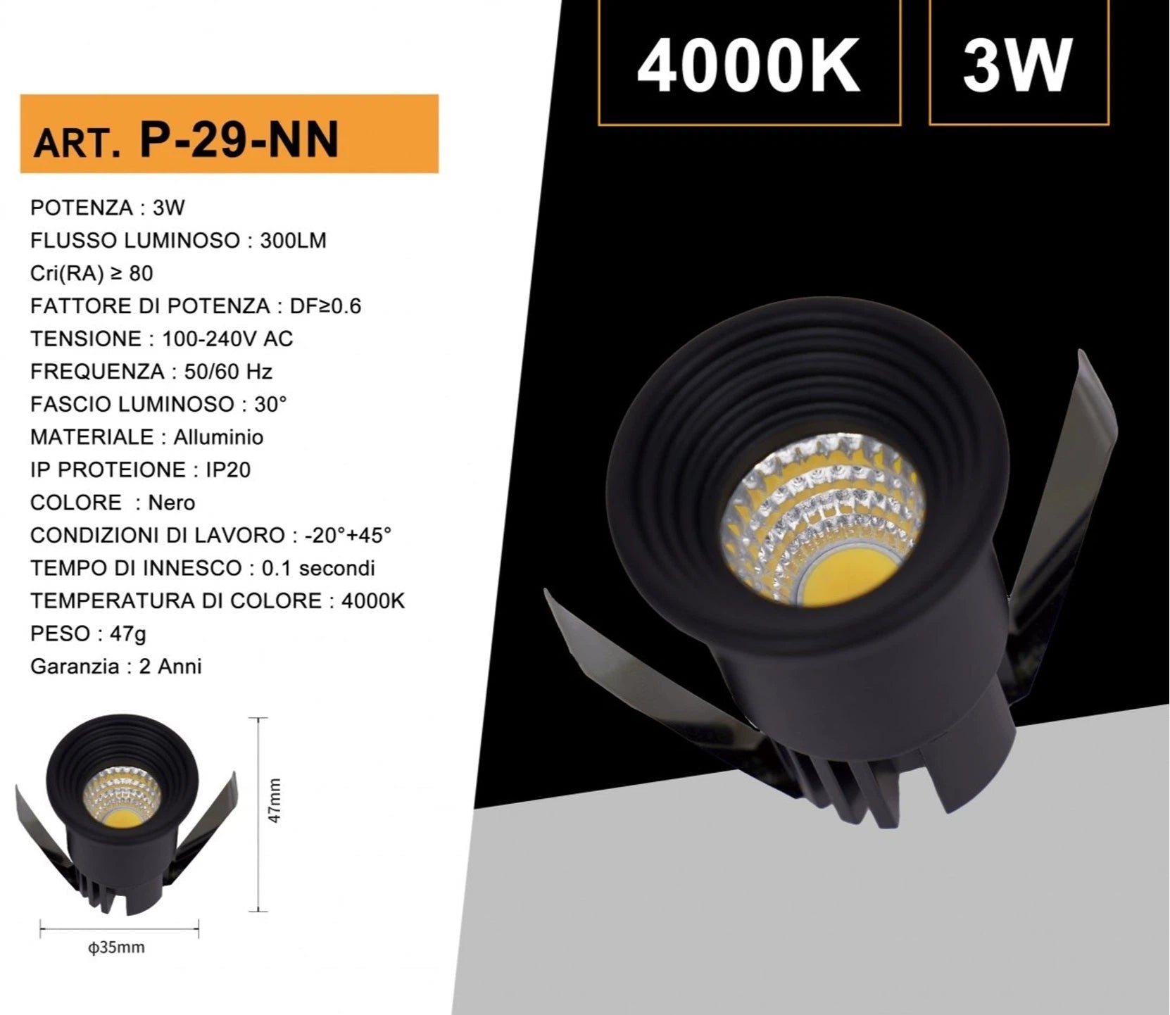 Faretto LED Rotondo da Incasso Nero 3W | CCT Selezionabile 3000K-4000K-6500K IP20