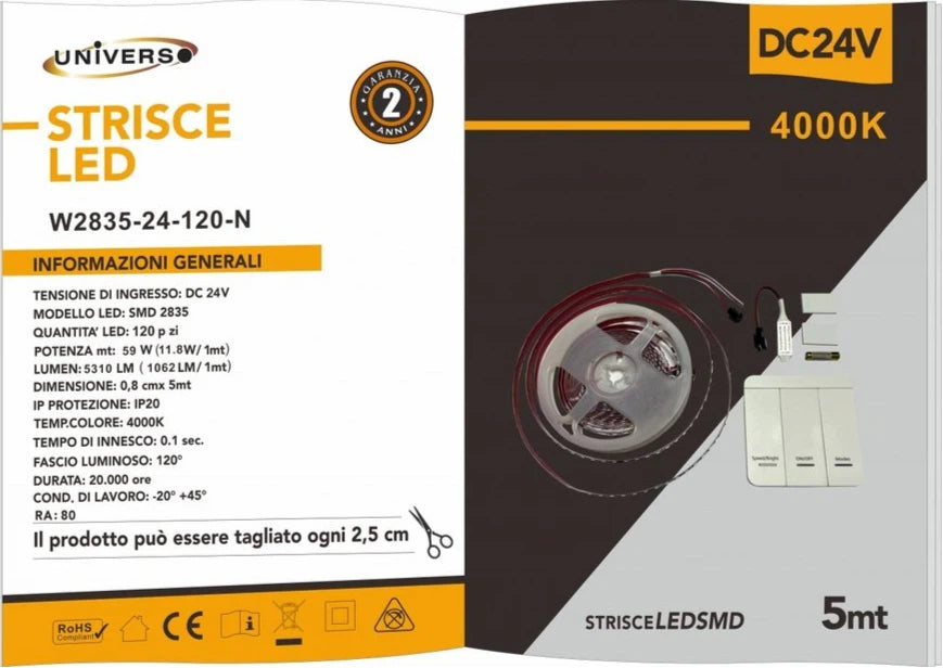 Striscia LED Flessibile Monocolore DC 24V 59W | 600 LED SMD 2835 5310 Lumen 10 Giochi di Luce IP20
