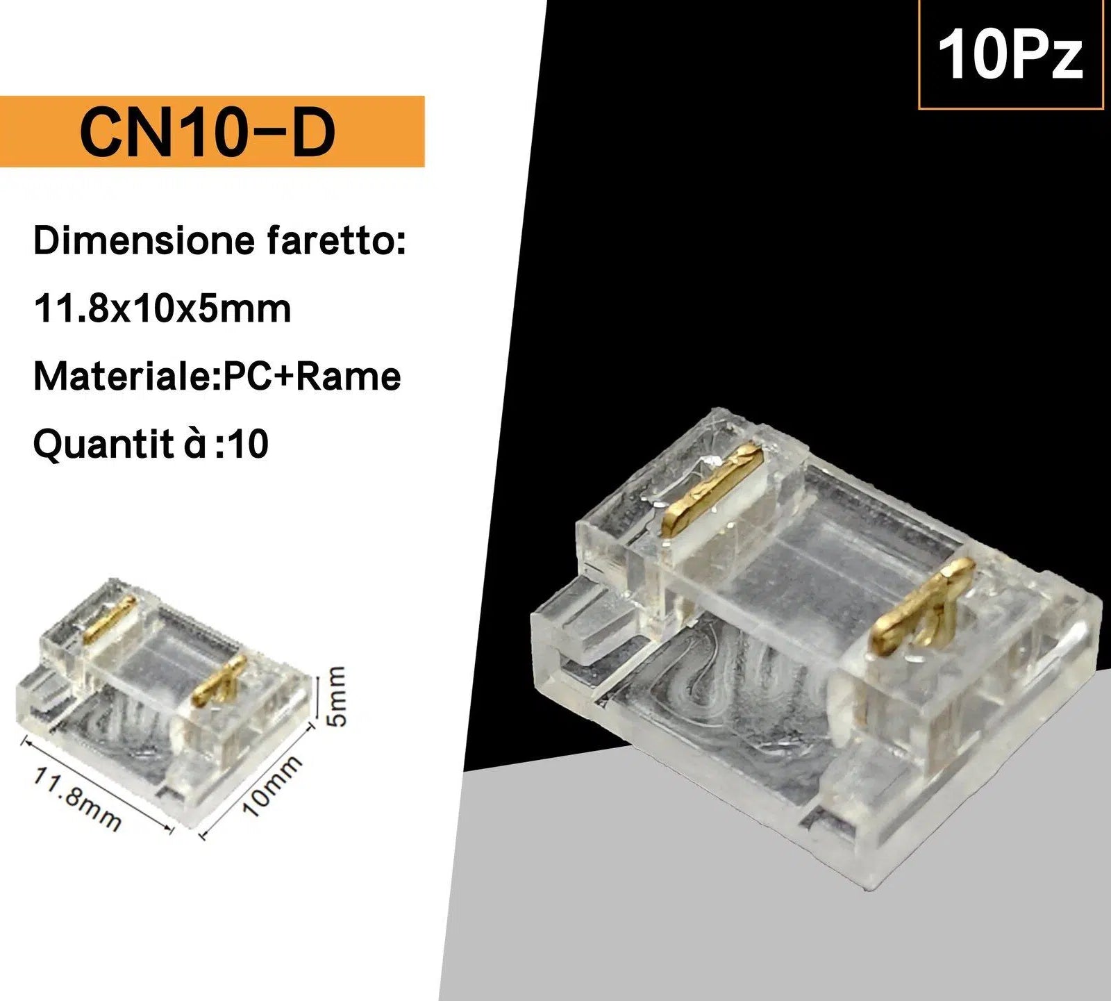 Connettore Lineare Trasparente per Strip LED Monocolore 2 Pin 10mm | Confezione 10 Pezzi