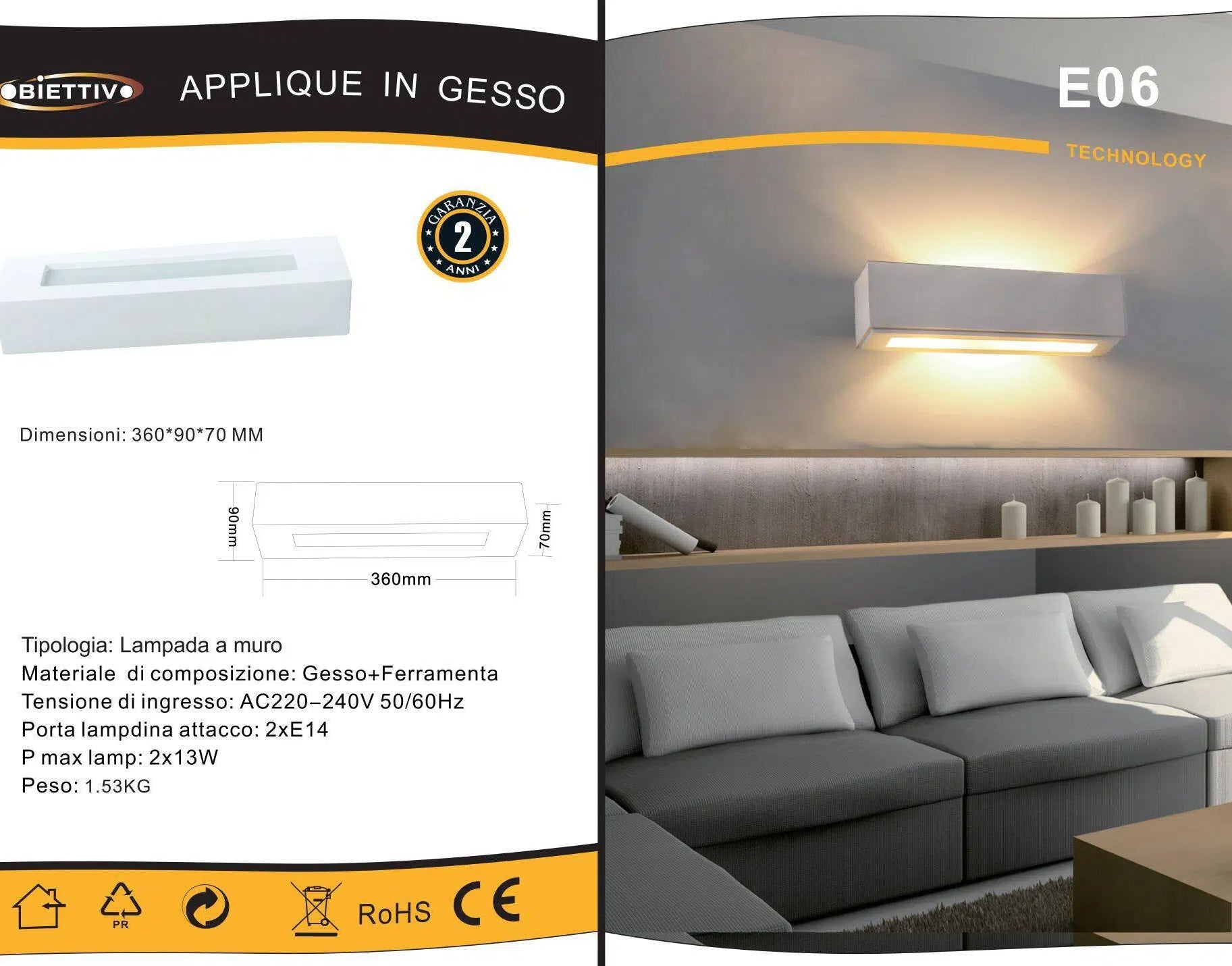 Applique Rettangolare in Gesso Verniciabile – Doppia Emissione Luminosa 26W con 2 Portalampada E14