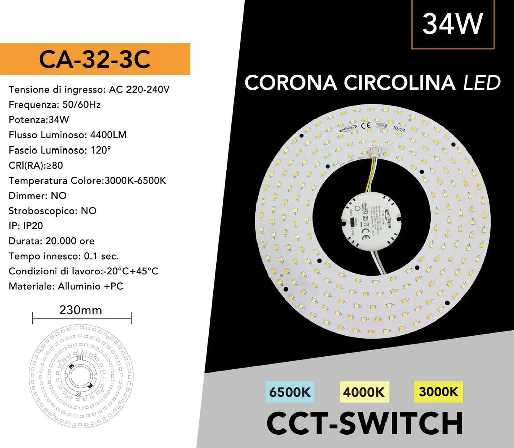Circolina Magnetica Neon LED Piastra Disco Anello Plafoniera Circolare Lampada T9 G10Q 34W Ø23cm Colore Luce Selezionabile CCT 3in1 3000K-4000K-6500K