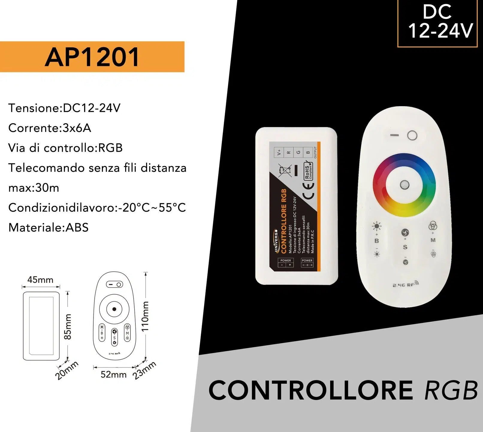 Telecomando Controller Touch Wireless per Strip LED RGB UNIVERSO AP1201 | DC 12/24V Portata 30m