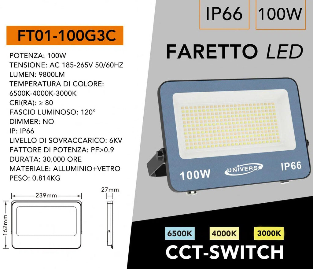 Proiettore LED Ultra Slim SMD UNIVERSO FT01-100G3C 100W | CCT Selezionabile IP66