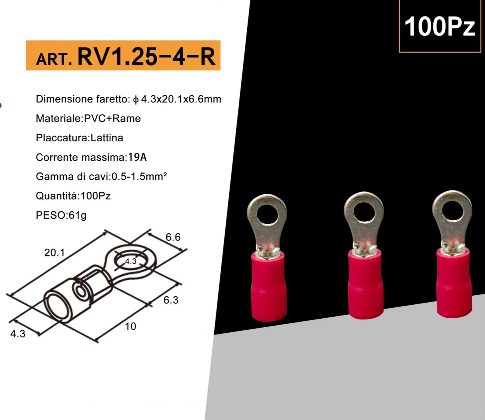 Confezione da 100 Pezzi – Capicorda Terminale ad Occhiello Isolato per Cavi da 0,5 mm² a 1,5 mm² – Foro M4