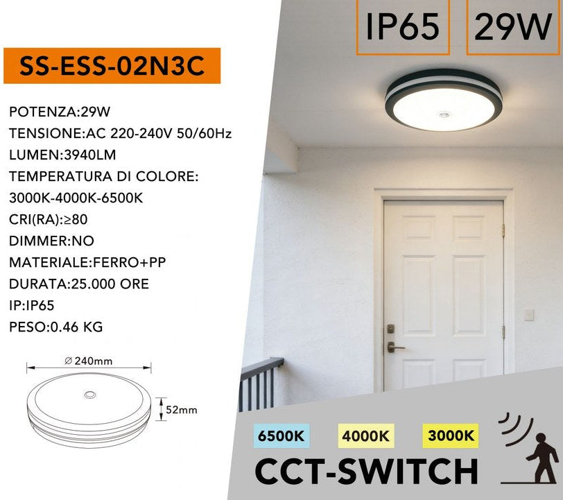 Plafoniera SMD LED Circolare con Sensore UNIVERSO SS-ESS-02N3C 30W | Switch CCT 3000K-4000K-6500K IP65