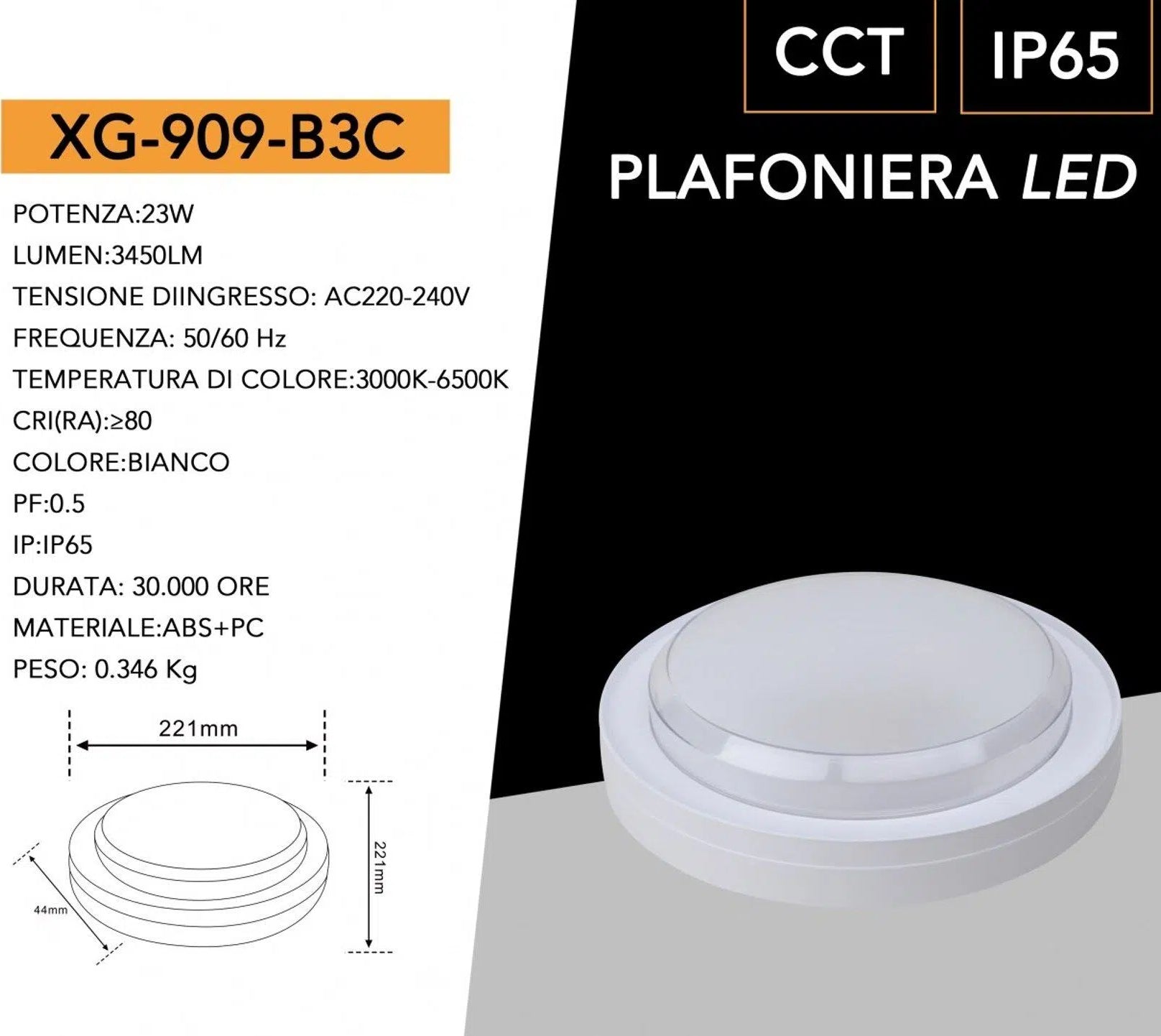 Plafoniera LED SMD Rotonda Esterno UNIVERSO XG-909-B3C 23W | Switch CCT 3in1 3000K-4000K-6500K IP65