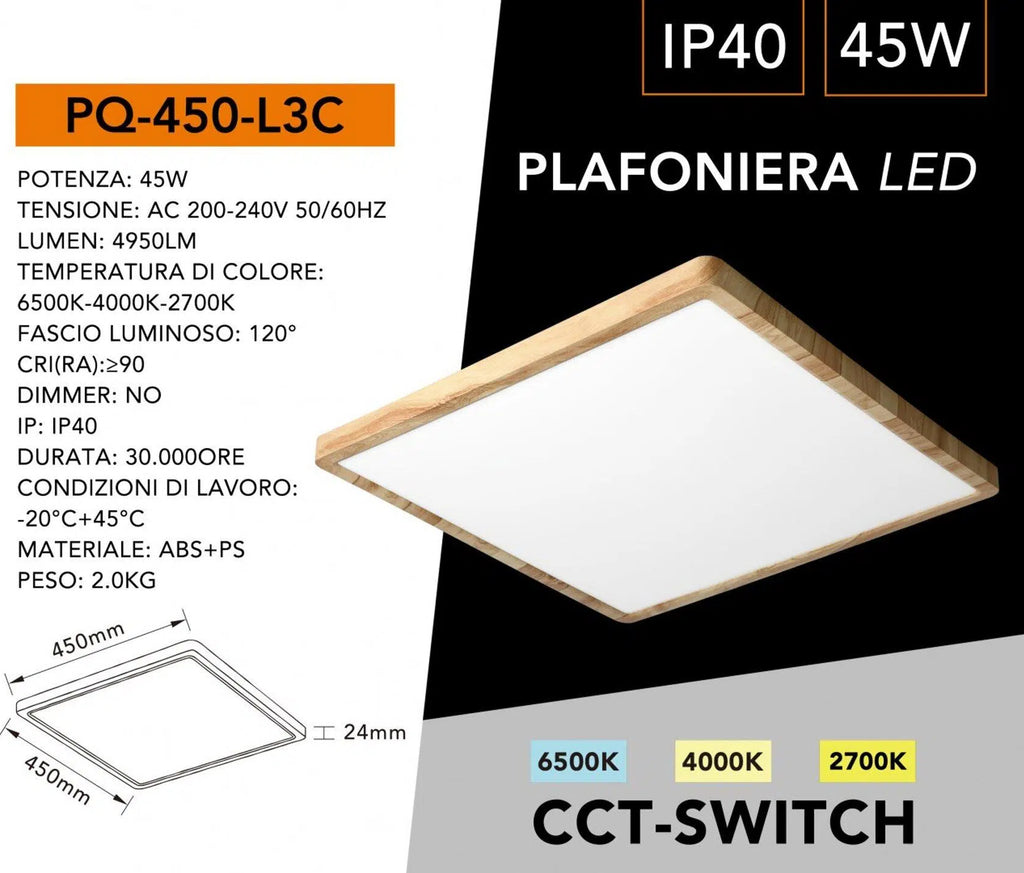Plafoniera Ultra Slim Quadrata Legno UNIVERSO PQ-450-L3C 45W | CCT 3in1 IP40