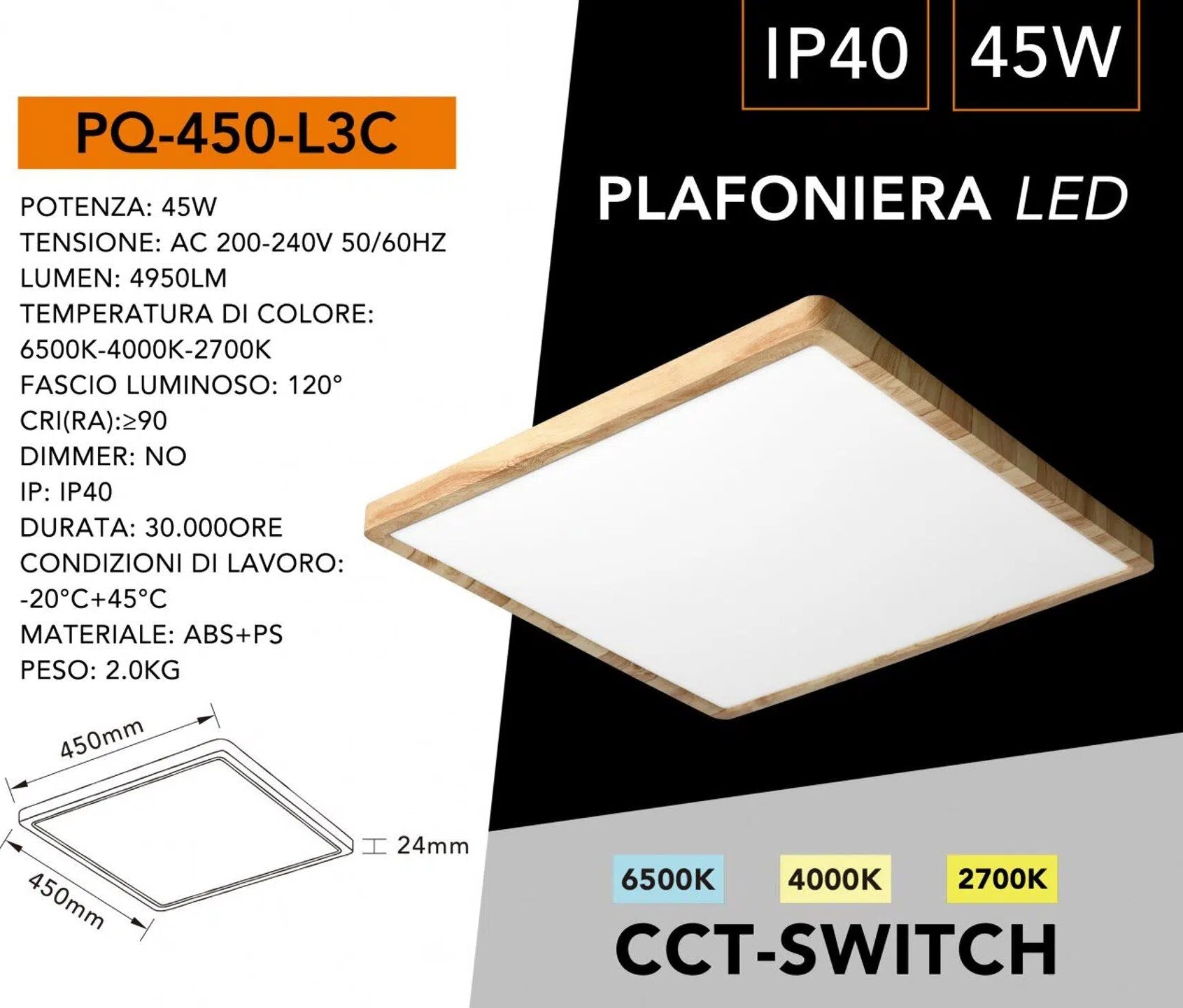 Plafoniera Ultra Slim Quadrata Legno UNIVERSO PQ-450-L3C 45W | CCT 3in1 IP40
